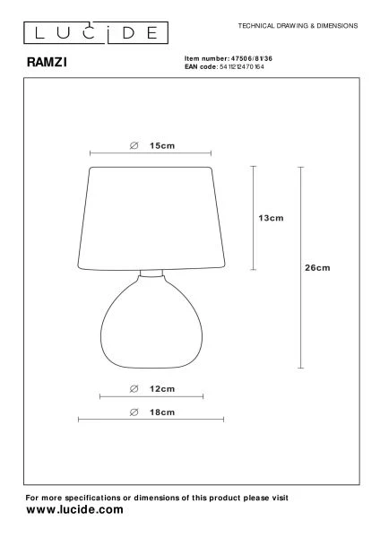 Lucide RAMZI - Table lamp - Ø 18 cm - 1xE14 - Grey - technical